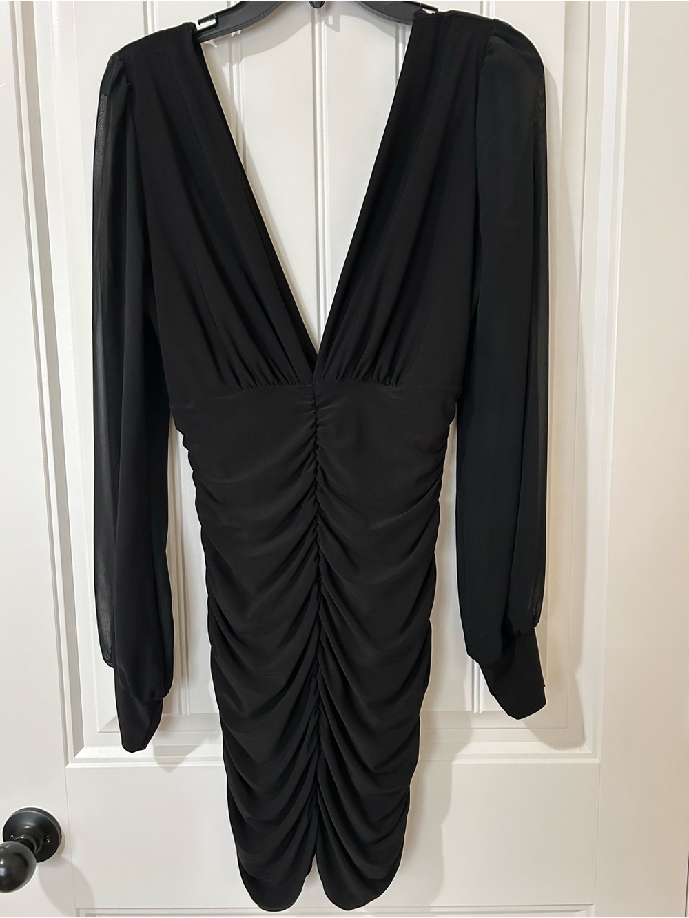 Windsor Black Long-Sleeve Ruched V-Neck Mini Dress